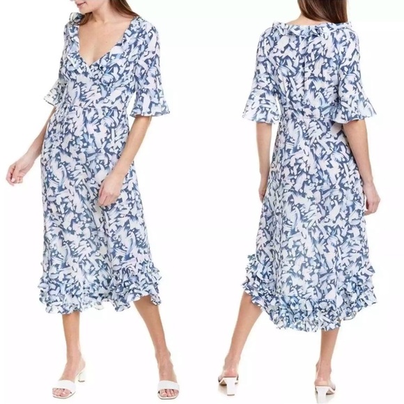 Tyler Boe 100% Silk Isabella Ruffled V-Neck Midi Dress in Blue & White Sz Medium - Picture 1 of 14